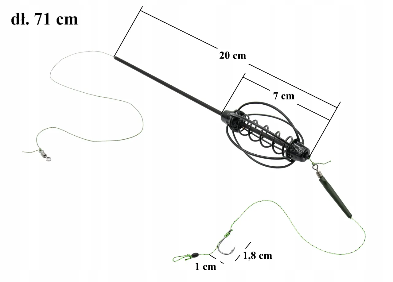 Akcesoria do przygotowania wędki na grunt: koszyczek zanętowy 7 cm, obciążenie 20 cm, żyłka 71 cm, haczyk 1,8 cm, stoper 1 cm.