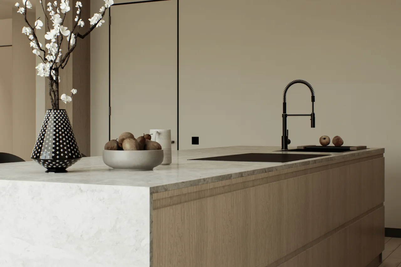 Beżowe blaty kuchenne inspiracje, różne materiały