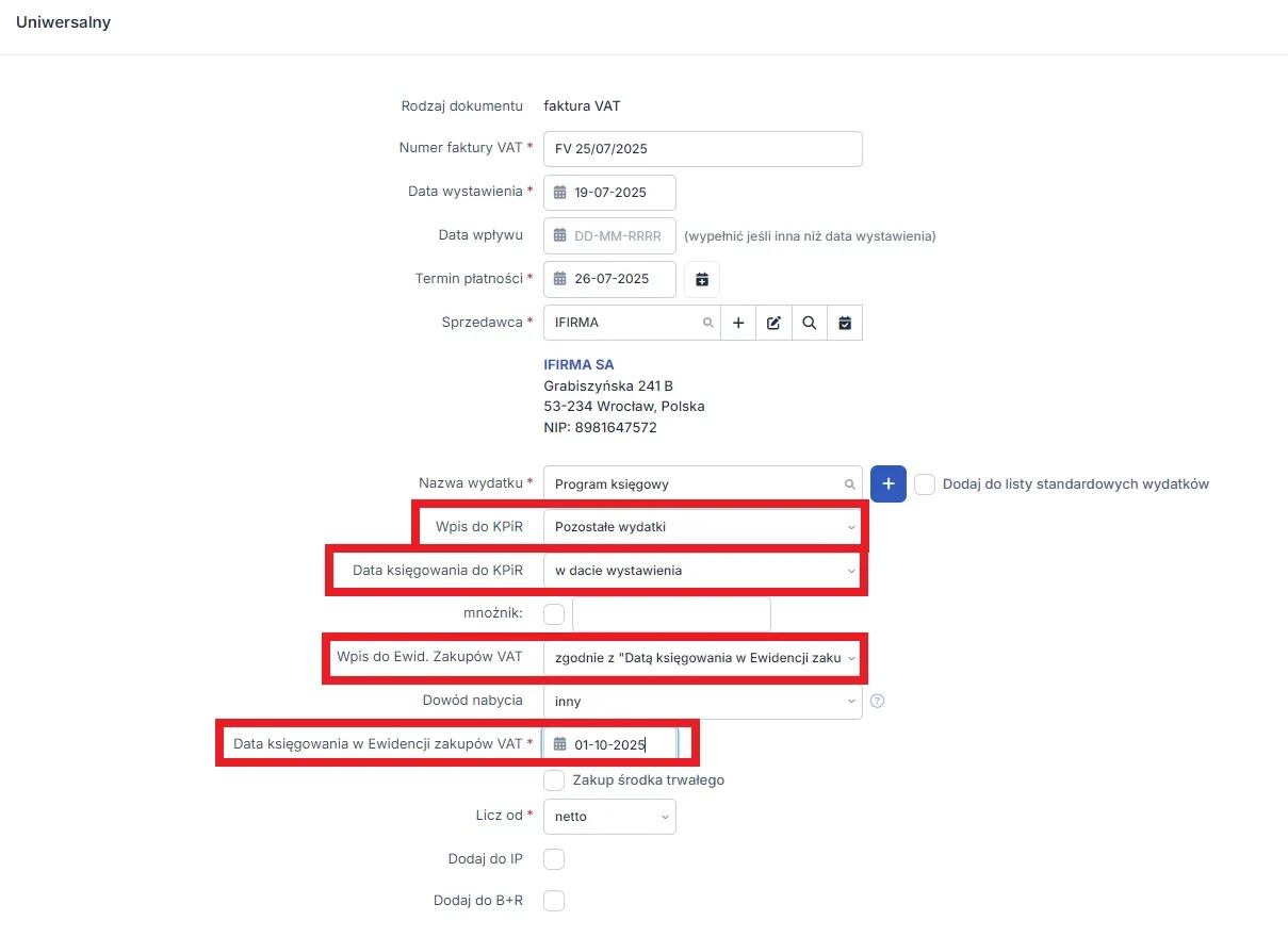 Formularz księgowy. Pole 