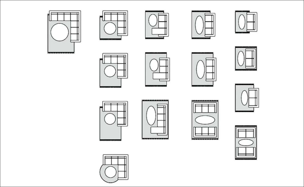 dywany w salonie schematy rozmiarów