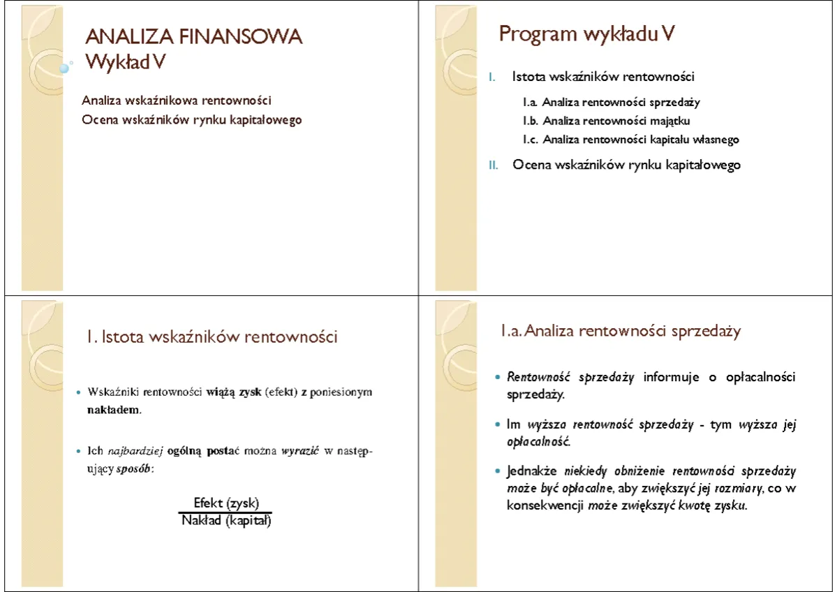 Analiza finansowa: wskaźnik rentowności netto. Wykład V omawia analizę wskaźnikową rentowności i ocenę wskaźnik&oacute;w rynku kapitałowego.