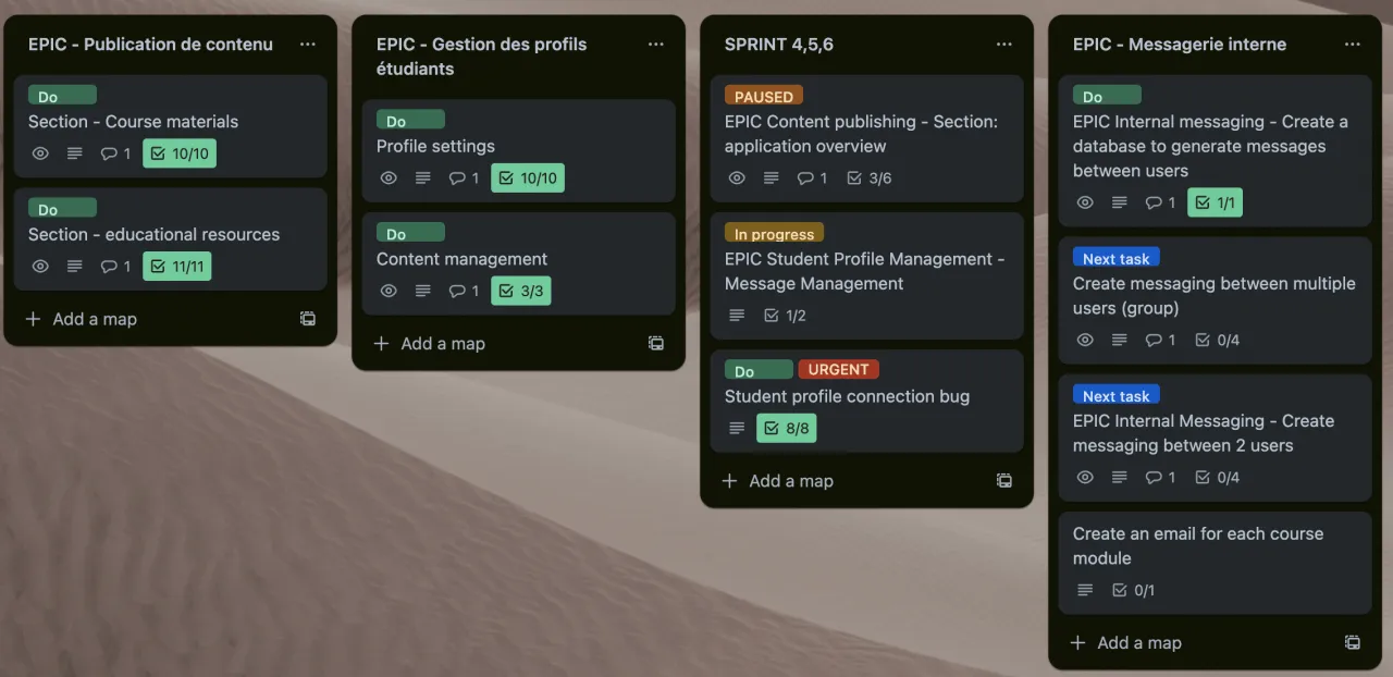 Widok tablicy Kanban z zadaniami do wykonania, w tym 
