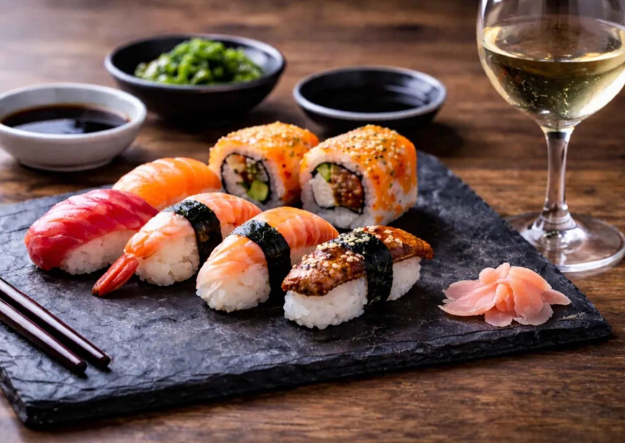 Pyszne sushi: nigiri z łososiem, krewetką i węgorzem, rolki z ikrą łososia, sos sojowy, imbir i kieliszek białego wina. Idealne co do sushi.