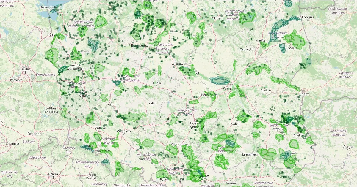 Mapa rezerwat&oacute;w przyrody w Polsce z podziałem na typy