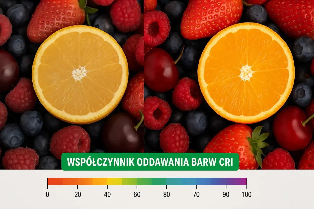 infografika współczynnik CRI, tabela lumeny a pomieszczenia