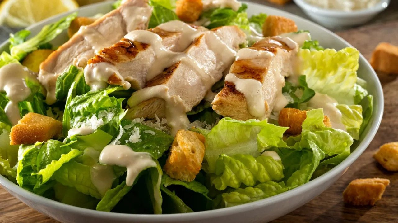 Sałatka Cezar z grillowanym kurczakiem, chrupiącymi grzankami i parmezanem. Idealny przepis na salatke cezar.