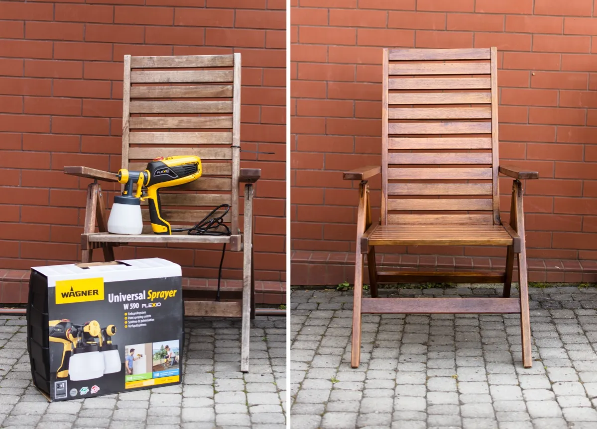 odnowione krzesło drewniane przed i po malowaniu