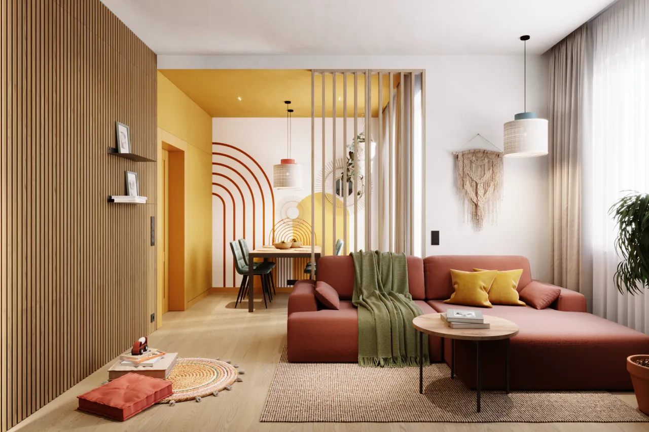 Drewniana ażurowa ścianka to stylowy sposób, jak oddzielić sypialnie od salonu, tworząc przytulną atmosferę.