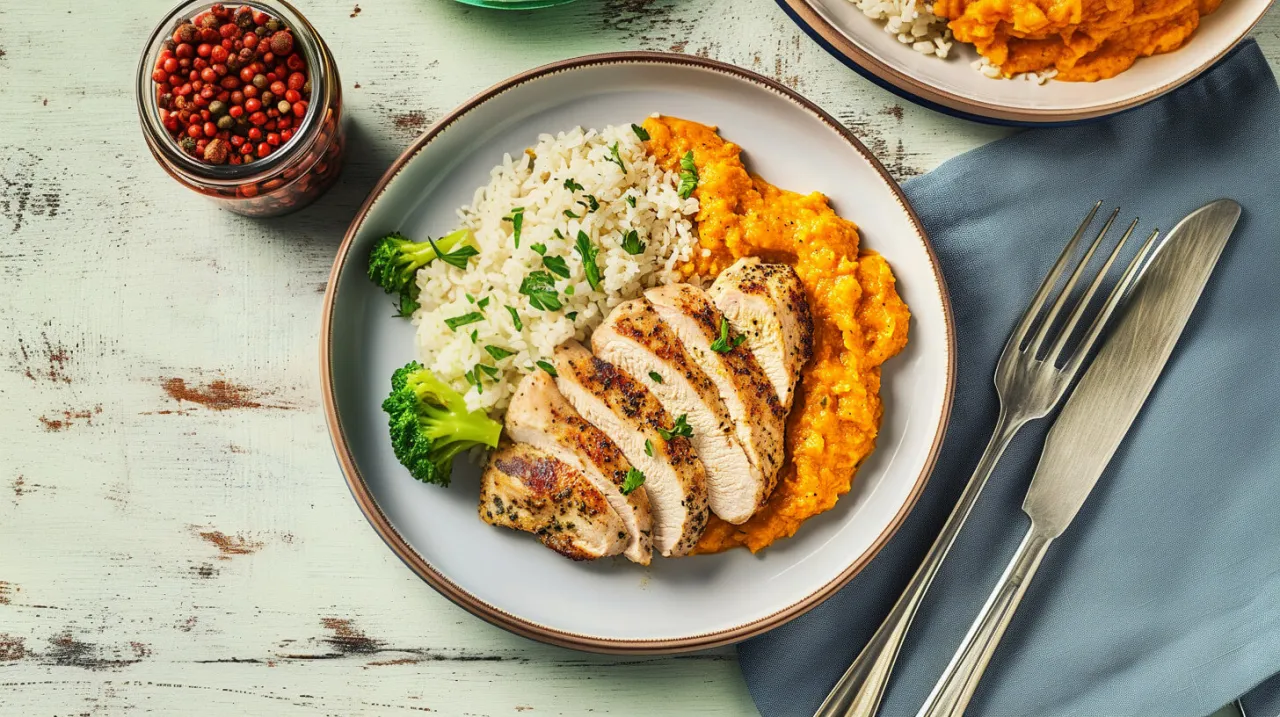 Idealny pomysł na obiad dietetyczny: grillowany kurczak z ryżem, puree z dyni i brokułami. Smacznie i zdrowo!