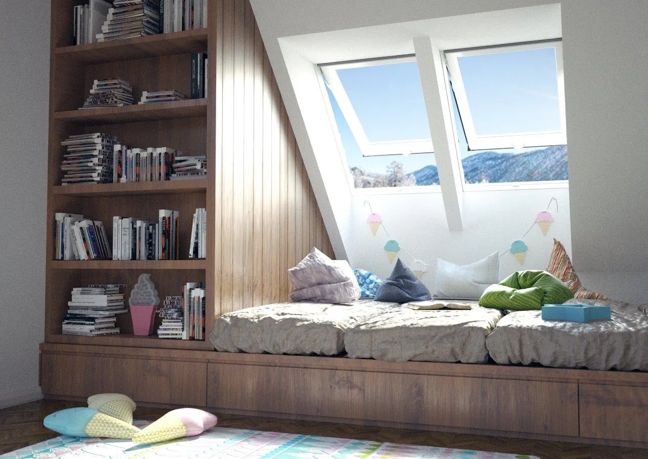 Uroczy kącik do czytania, idealny, jak podzielić pokój dzieci z jednym oknem. Książki, poduszki i widok na góry.