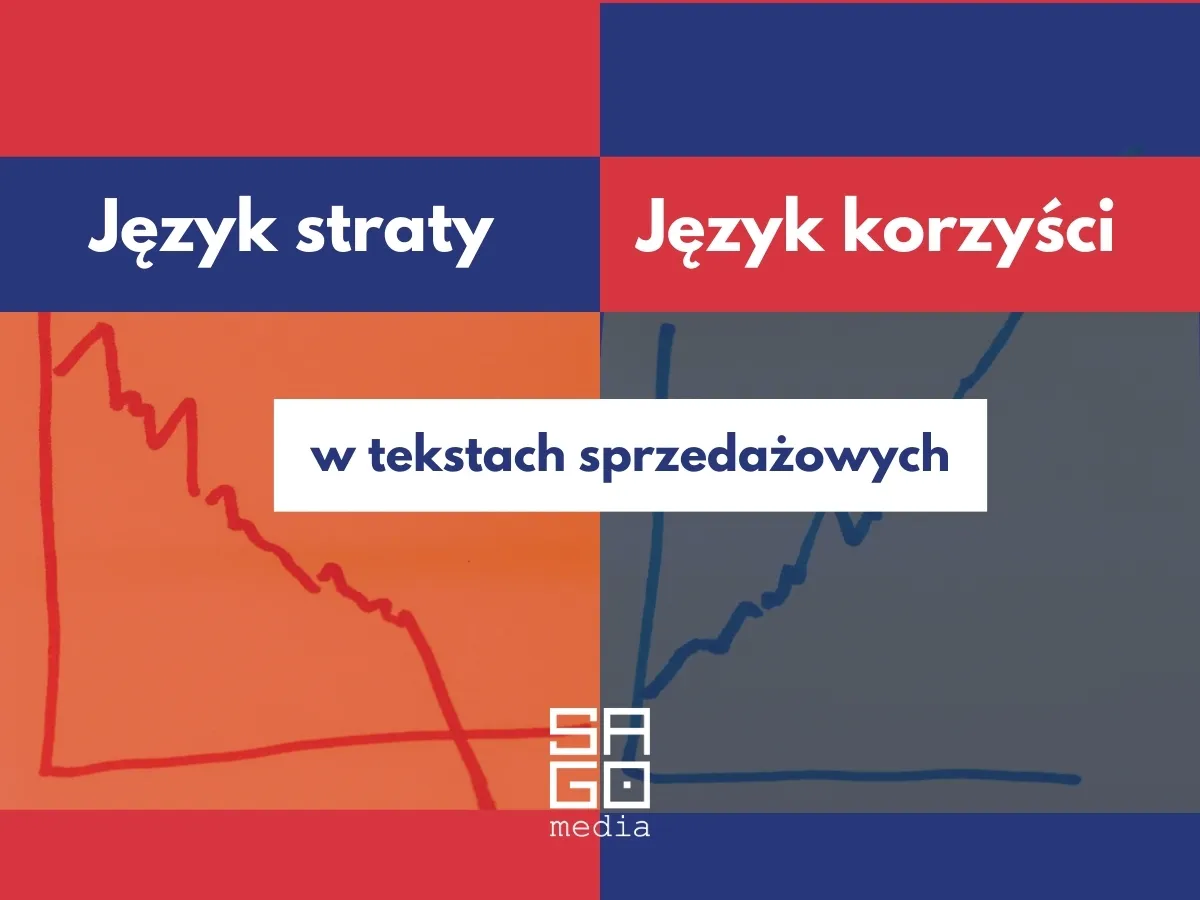 Język straty vs. język korzyści w tekstach sprzedażowych. Wykresy pokazują spadki i wzrosty.