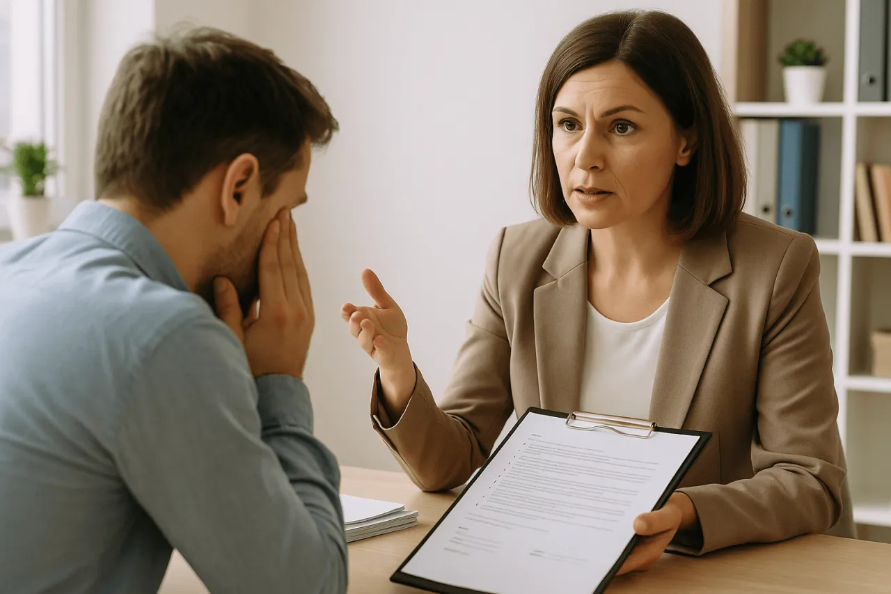 Doradca finansowy wyjaśnia mężczyźnie, jak się oddłużyć z chwilówek.