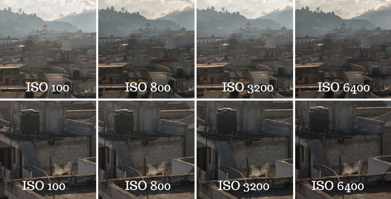 Porównanie zdjęć z różnym ISO: 100, 800, 3200, 6400. Zobacz, jak ustawić ISO w aparacie, by uzyskać najlepszy efekt.