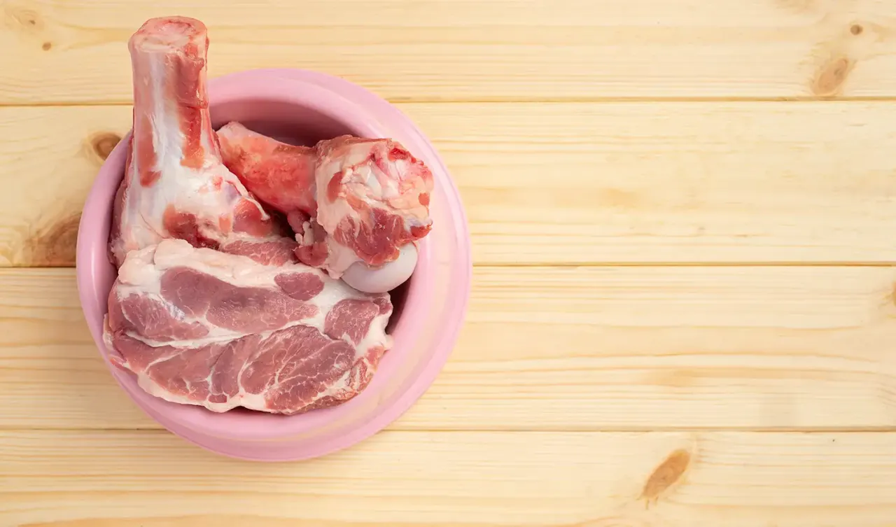 Surowe mięso i kości w różowej misce. Czy pies może jeść gotowane mięso? To pytanie nurtuje wielu właścicieli czworonogów.