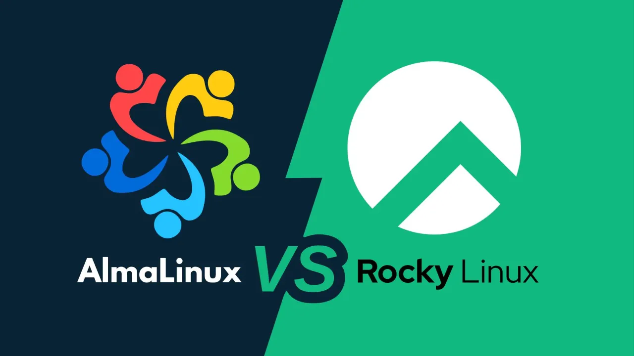 Porównanie AlmaLinux i Rocky Linux. Logo AlmaLinux z kolorowymi postaciami, logo Rocky Linux z białym okręgiem i zielonym trójkątem.