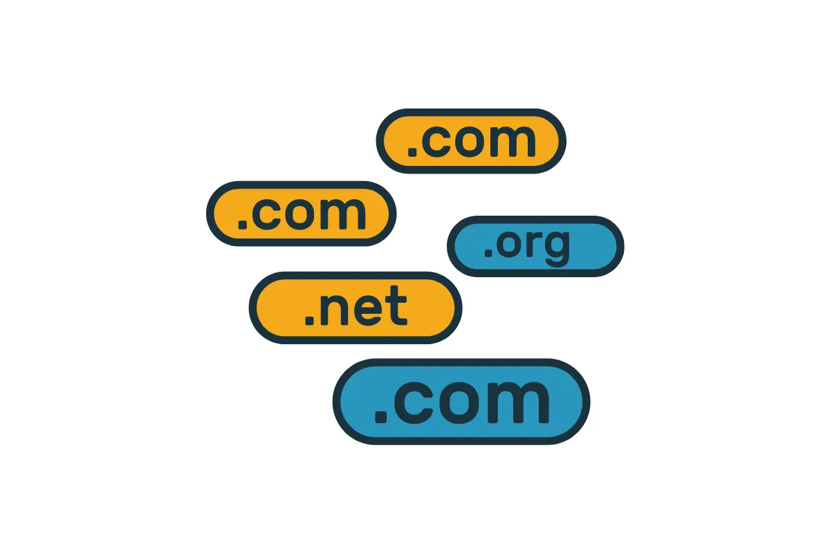 Etykiety z rozszerzeniami domen: .com, .net, .org. To pokazuje, co to domena i jak można ją wybrać.