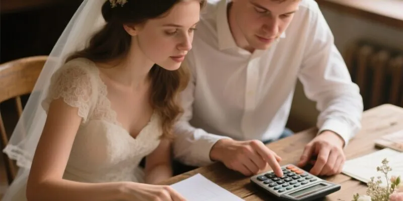 para młoda planująca budżet weselny z kalkulatorem