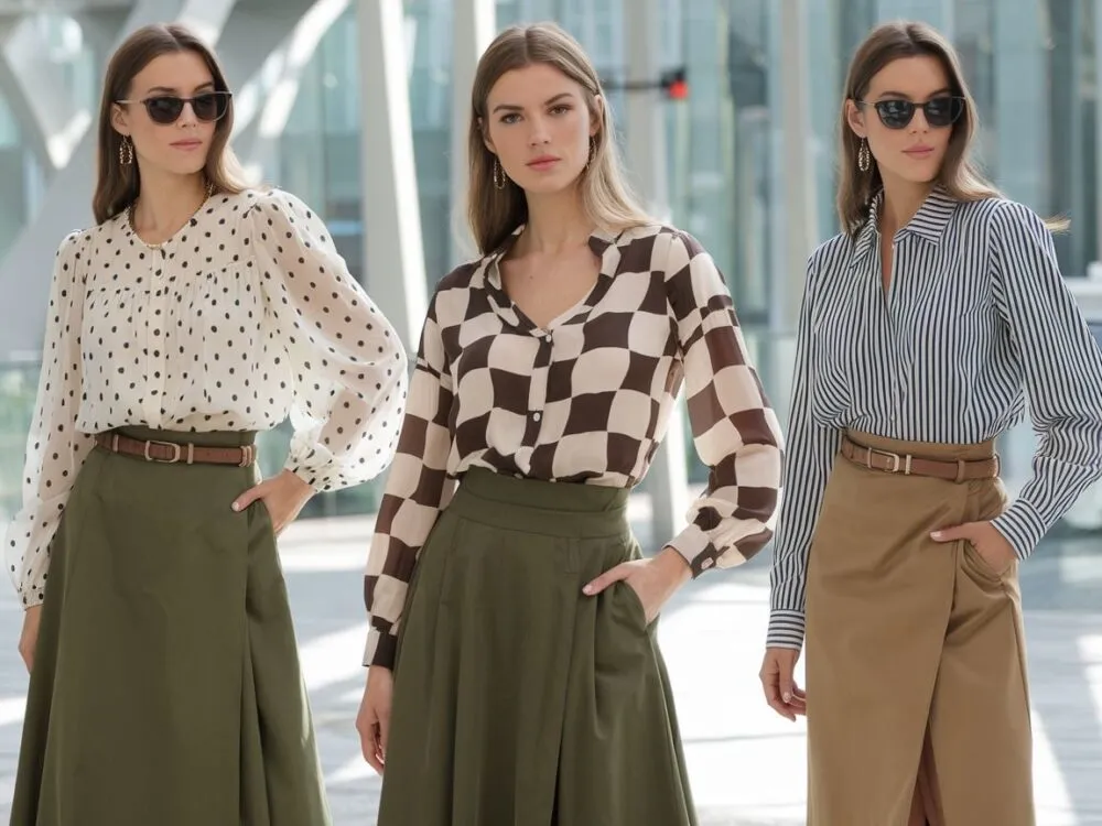 Stylizacje z zieloną spódnicą i bluzkami w różnych kolorach