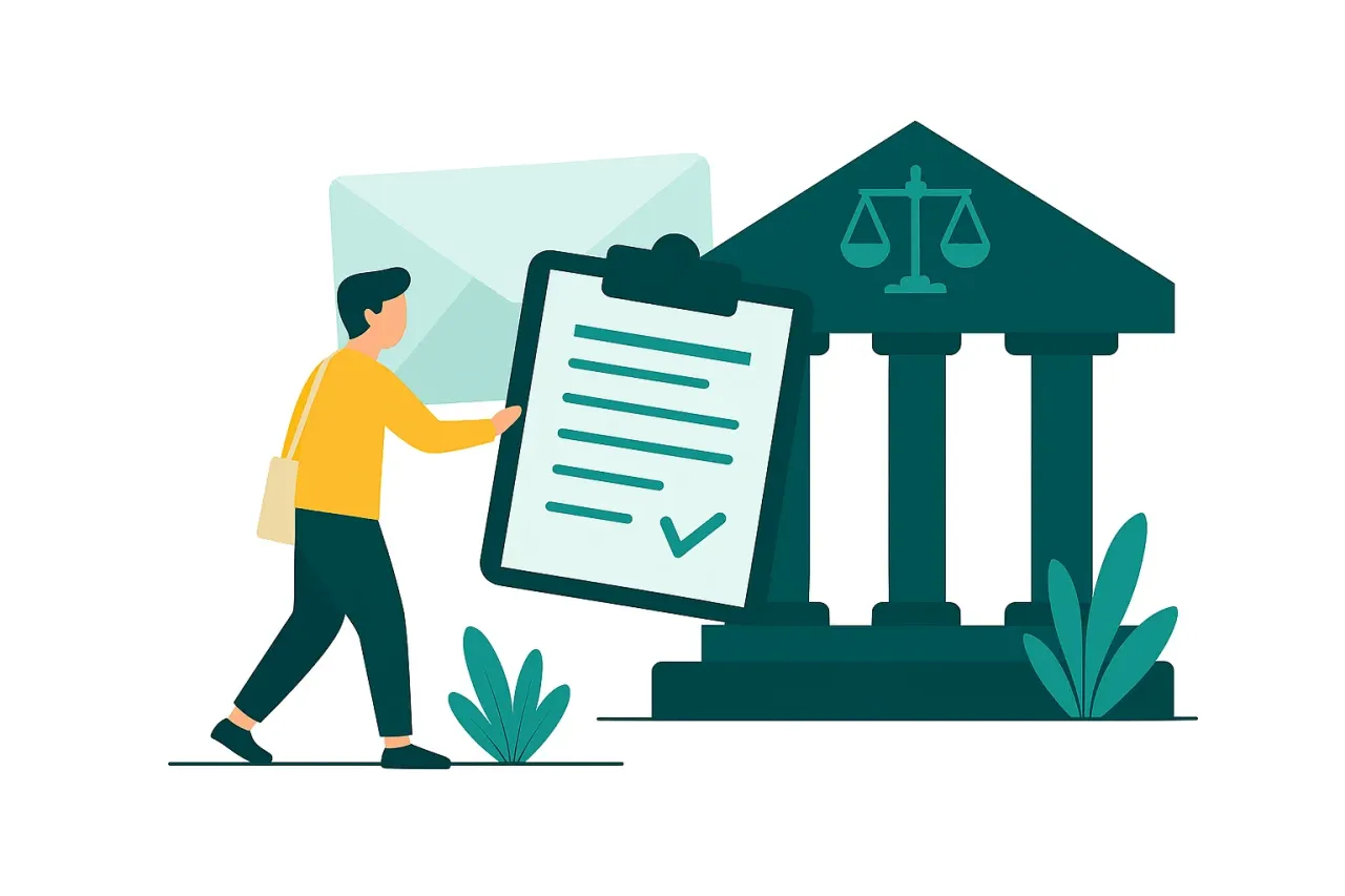 Mężczyzna z dokumentem przy sądzie pracy. Dowiedz się, jak napisać pozew do sądu pracy, aby skutecznie dochodzić swoich praw.