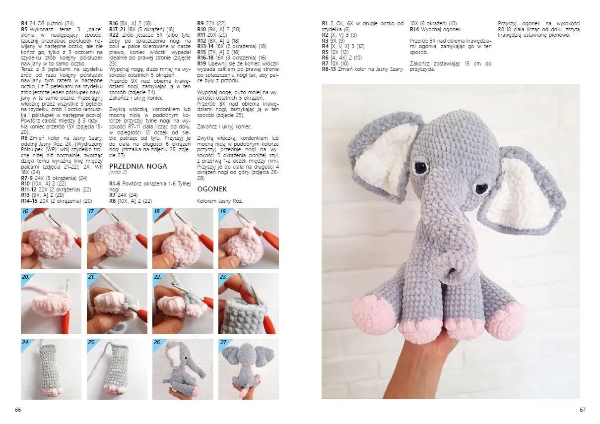 Szydełkowanie pluszaki: uroczy szary słoń z r&oacute;żowymi łapkami, wykonany ręcznie. Instrukcja krok po kroku.