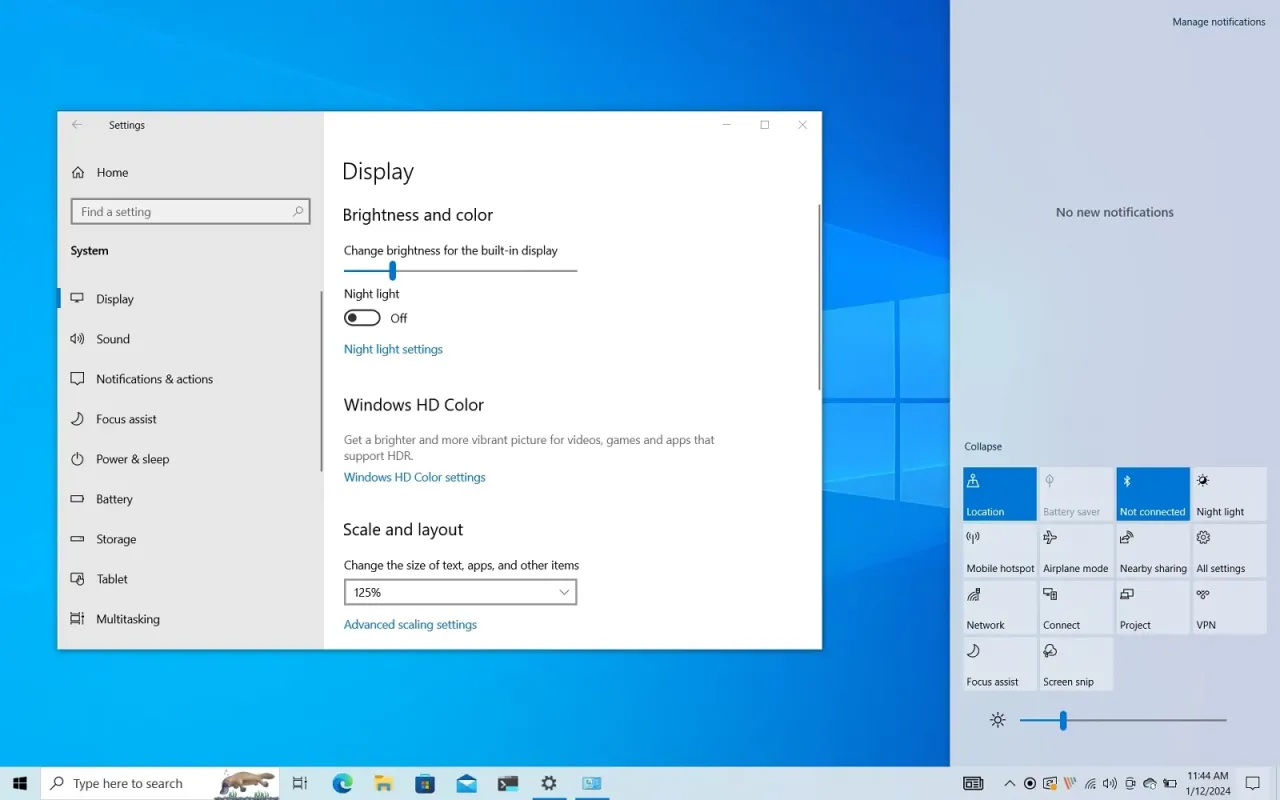 windows 10 brightness settings action center