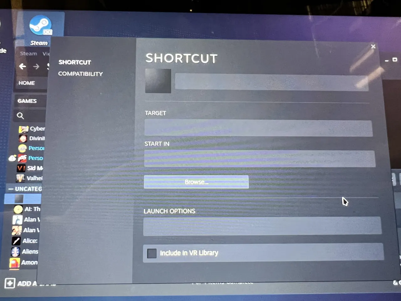 Steam shortcut properties target field