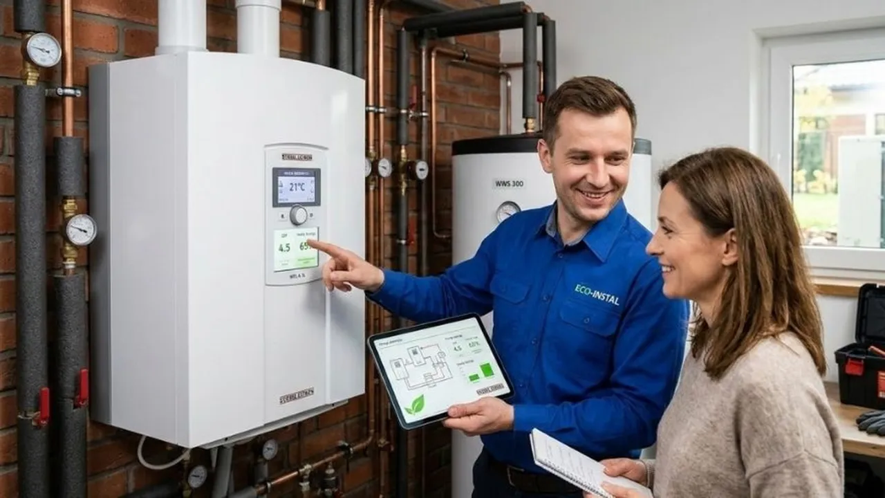 Instalator pokazuje klientce na tablecie schemat pompy ciepła, omawiając co ile przegląd pompy ciepła jest zalecany.