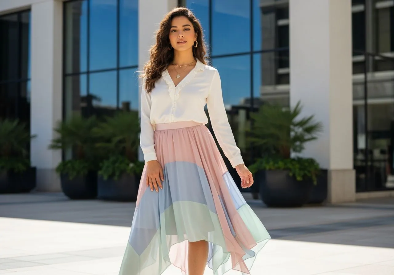 stylizacje asymetrycznej spódnicy z różnymi górami