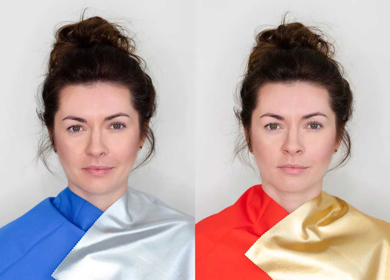 Dwie połowy twarzy kobiety. Po lewej niebieski i srebrny materiał, po prawej czerwony i złoty. Chłodna zima kolory.