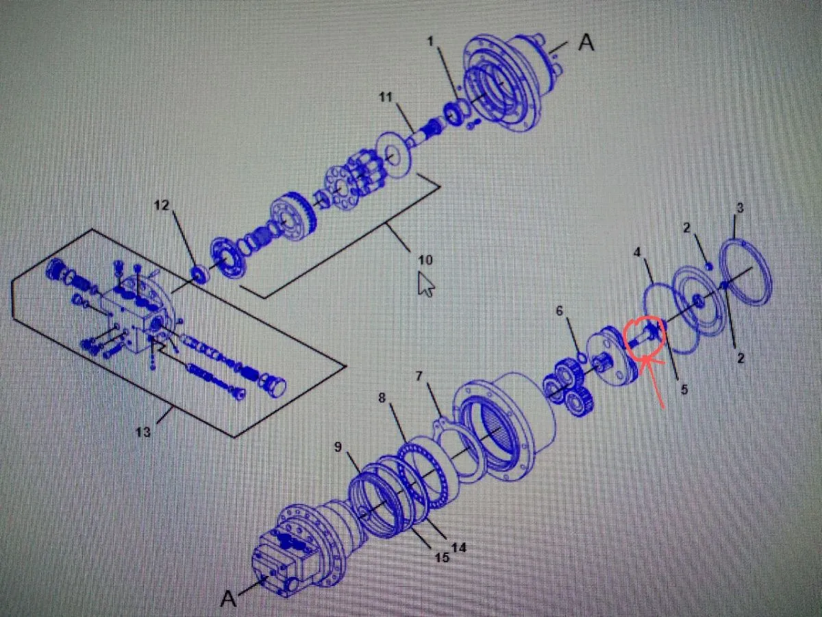 Schemat przedstawia budowę zwolnicy w koparce. Widoczne są koła zębate, wałki i obudowa, kluczowe elementy mechanizmu napędowego.