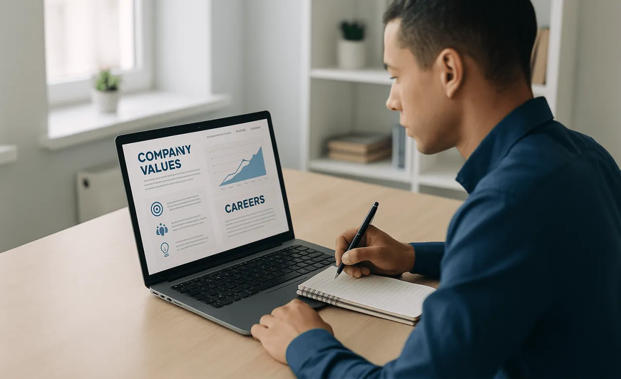 Osoba robiąca research przed rozmową o pracę na komputerze