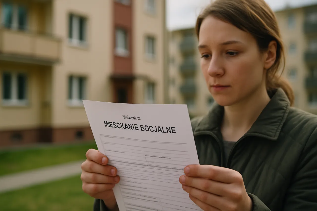 Kobieta czyta dokument o tym, jak starać się o mieszkanie socjalne. W tle blok mieszkalny.