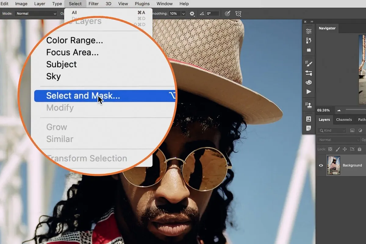 Photoshop Select and Mask workspace włosy