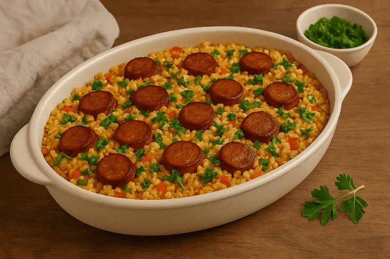 Zapiekanka z ryżem i kiełbasą w naczyniu żaroodpornym przed pieczeniem