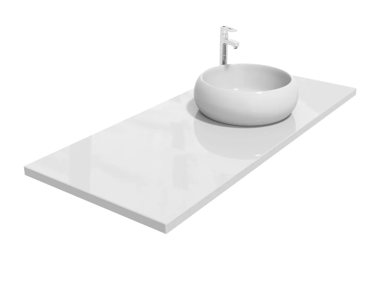 Biały, błyszczący konglomerat blat łazienkowy z okrągłą umywalką nablatową i chromowaną baterią.
