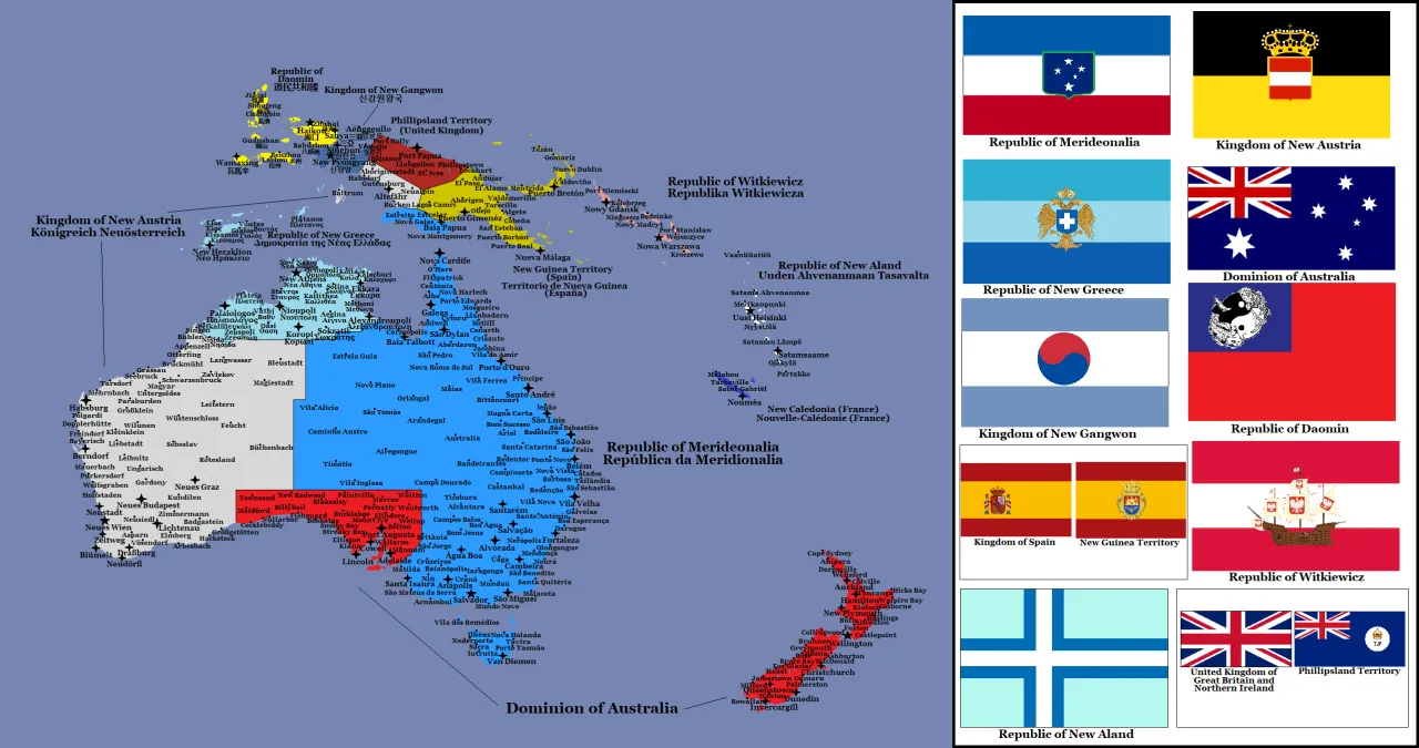Mapa przedstawia fikcyjne państwa, w tym Dominium Australii, które nie jest w Europie.
