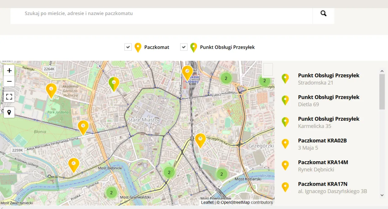 Mapa InPost z promieniem 10 km i lokalizacjami Paczkomatów