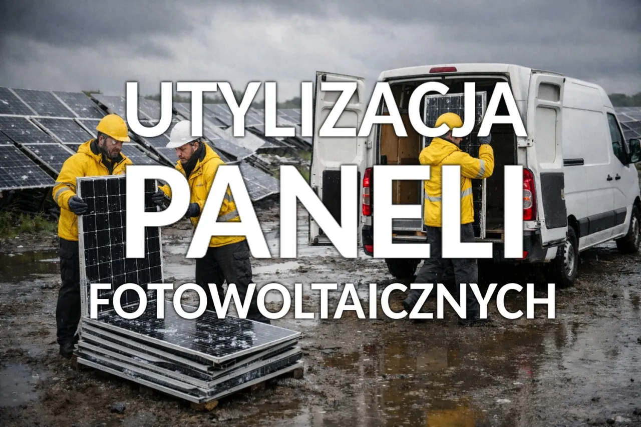Pracownicy w ż&oacute;łtych kurtkach zajmują się utylizacją paneli fotowoltaicznych, układając je obok białego vana.