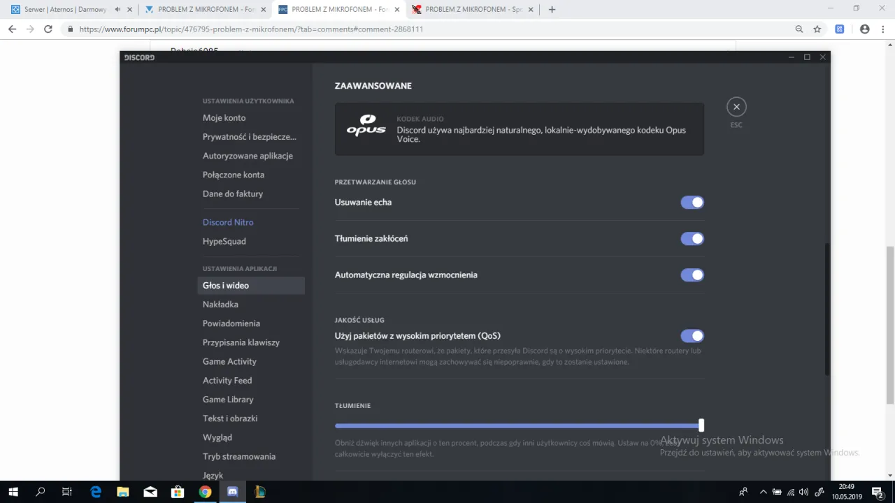 Discord ustawienia głosu tłumienie
