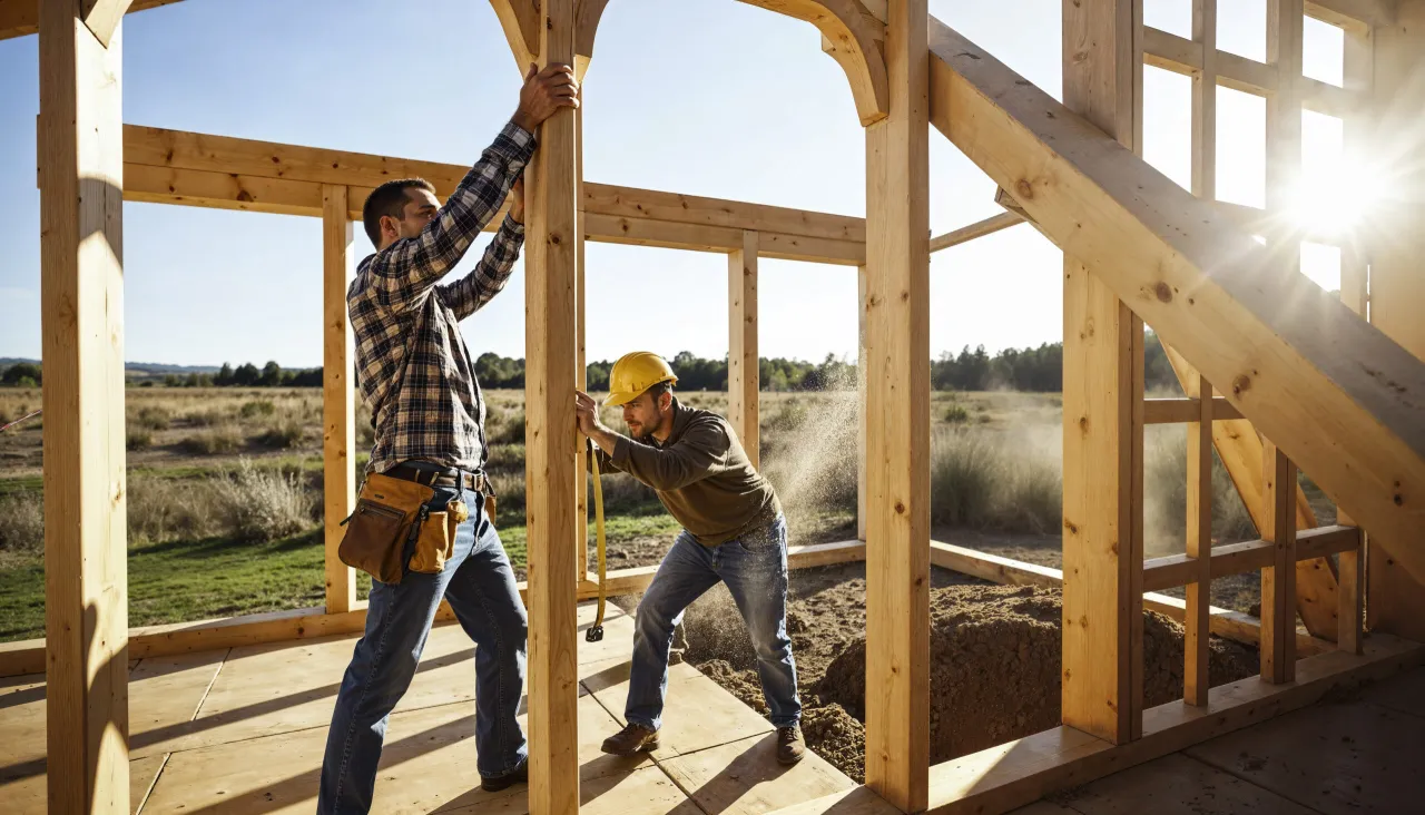 Dwóch budowlańców pracuje nad konstrukcją drewnianego domu. Jeden przytrzymuje słup, drugi mierzy. To początek budowy.