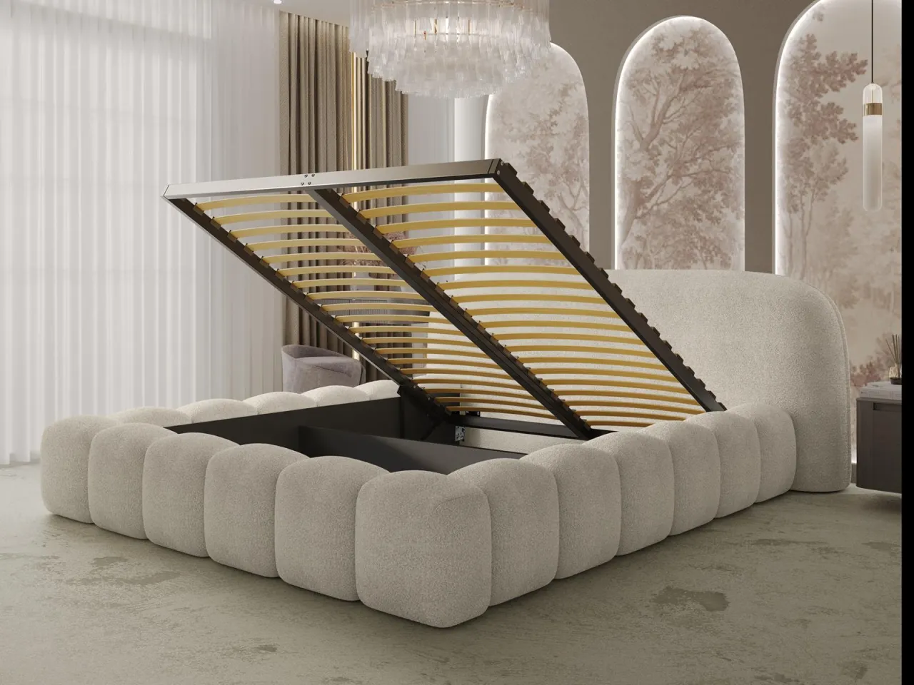 nowoczesne łóżko tapicerowane organiczne kształty