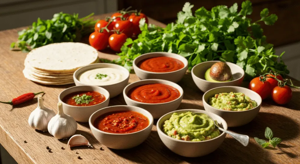 różne sosy do tortilli guacamole salsa sos czosnkowy