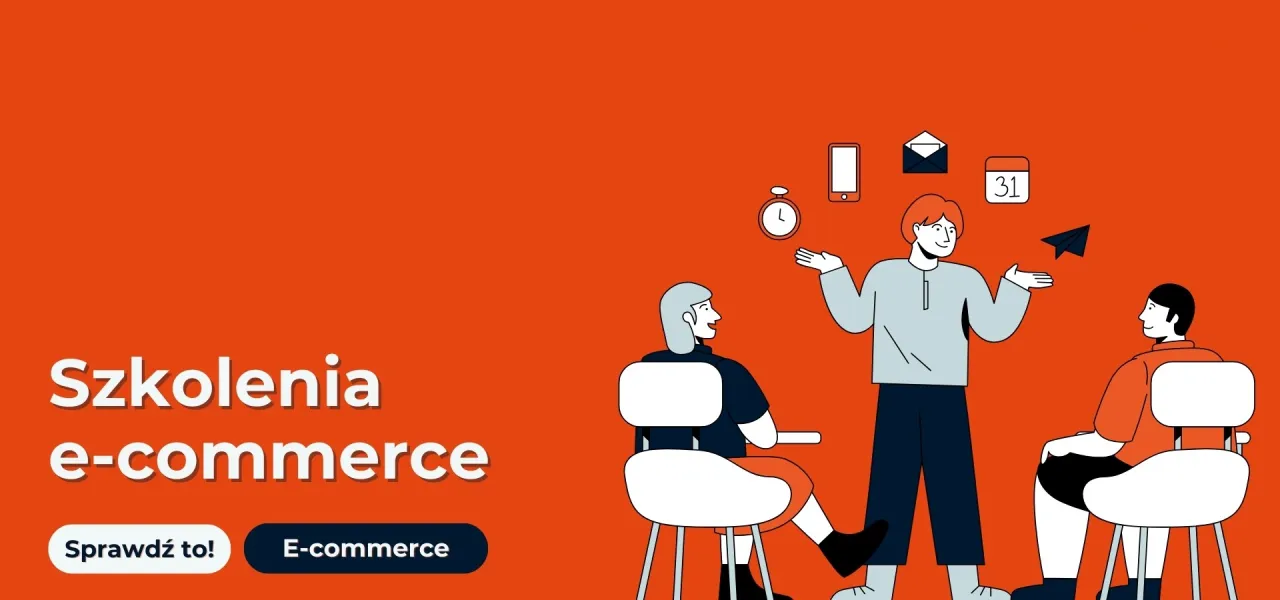 Ludzie uczą się e-commerce. Kurs marketingowy z ikonami symbolizującymi komunikację i planowanie.