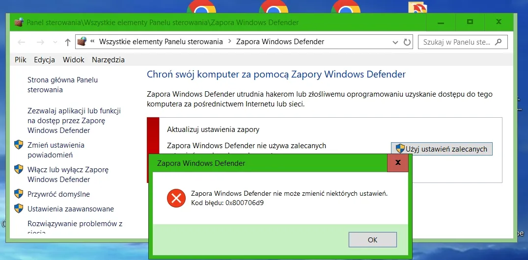 Zrzut ekranu: Panel sterowania Zapora Windows Defender