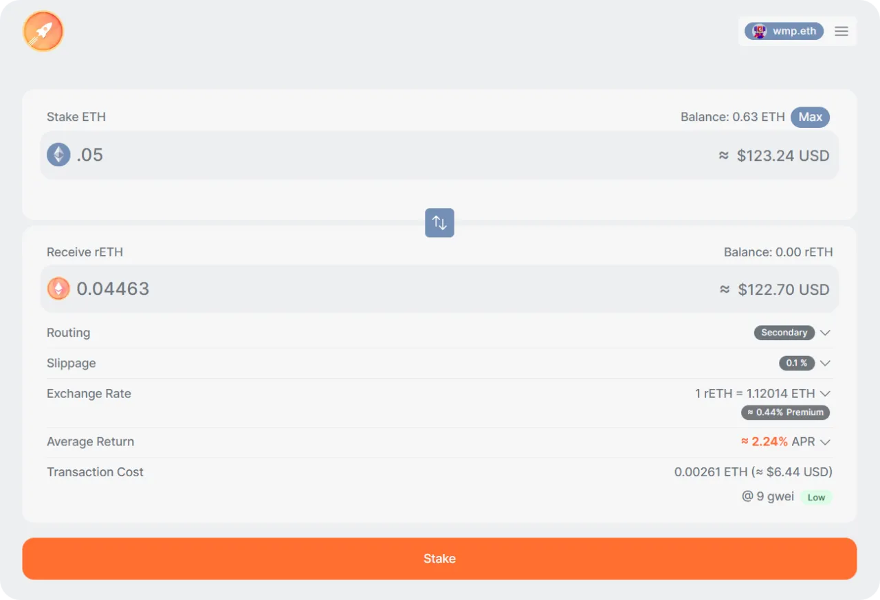 Lido Rocket Pool staking interface