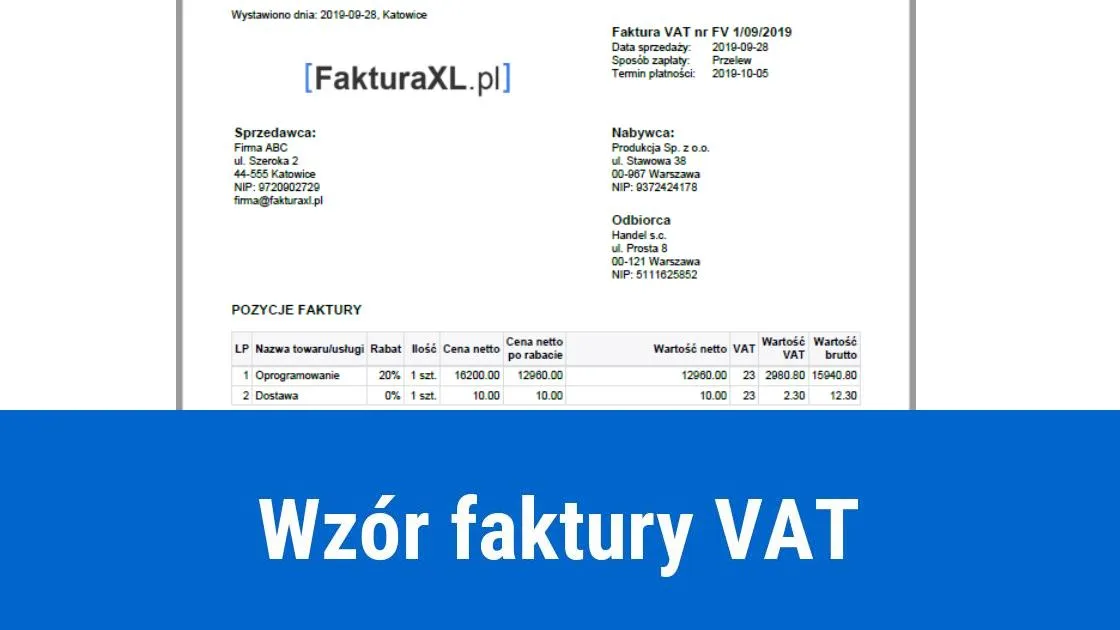 Przykład faktury VAT z zaznaczonymi elementami