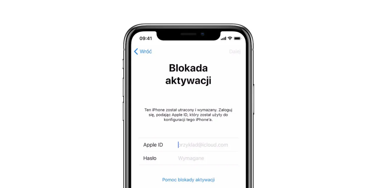 Ekran aktywacji iPhone'a z prośbą o Apple ID i hasło