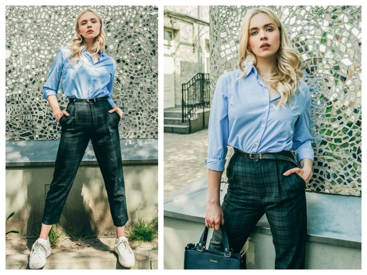 stylowa kobieta w klasycznej koszuli w paski stylizacja