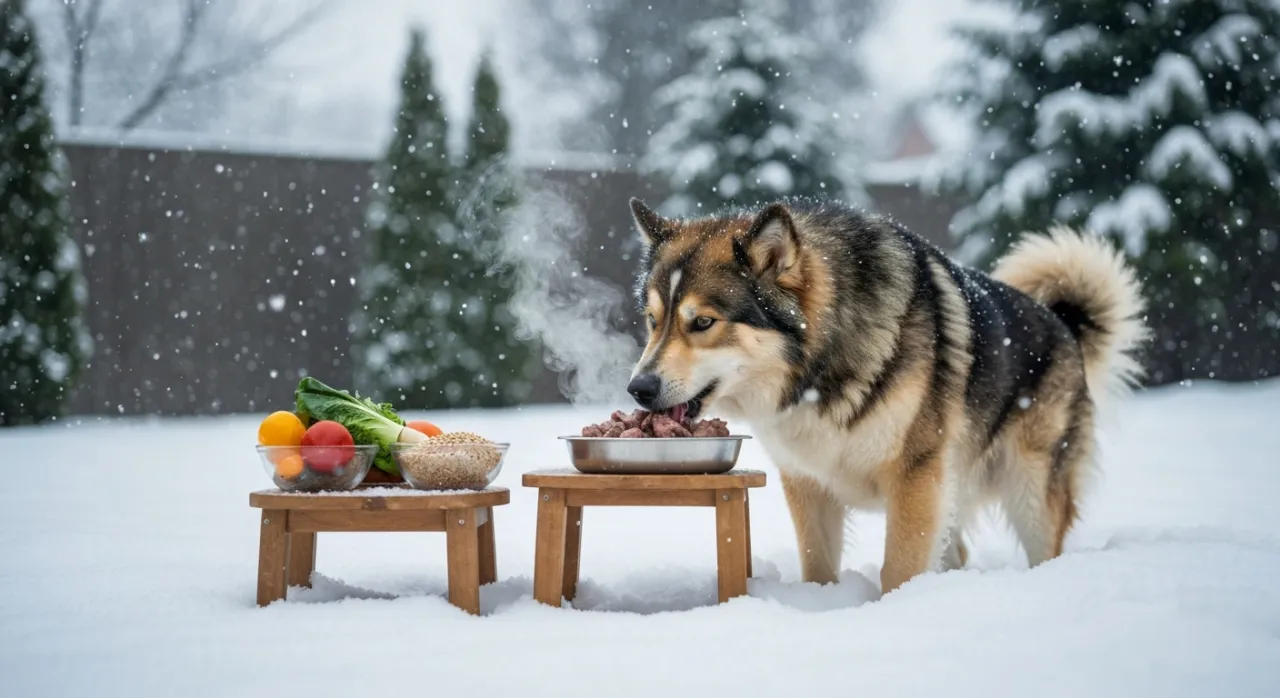 Szczęśliwy pies je ciepłe jedzenie zimą