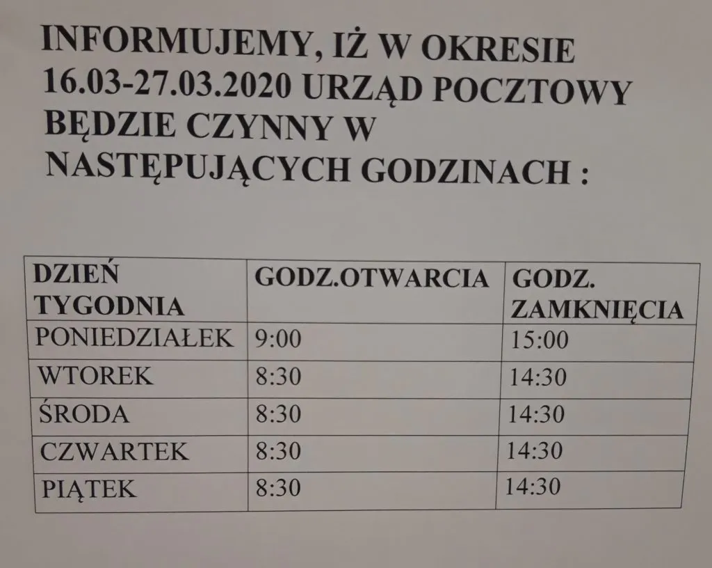Poczta Polska godziny otwarcia tablica informacyjna